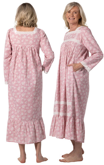 Violet - Long Sleeve Vintage Ladies Cotton Nightgown - Pink Floral