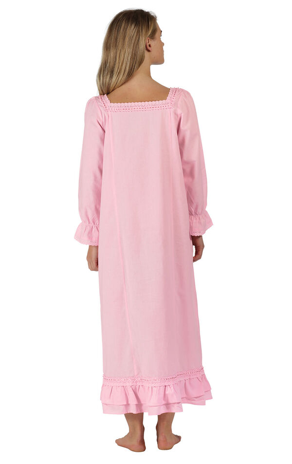 Model wearing Martha Nightgown in Pink for Women, facing away from the camera