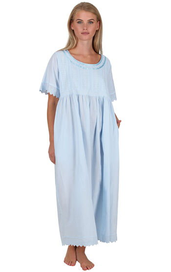 Helena - Vintage Short Sleeve Cotton Ladies Nightgown - Blue