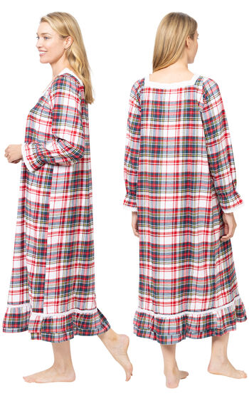 Martha -Victorian Long Sleeve Cotton Flannel Nightgown - Dress Stewart Plaid