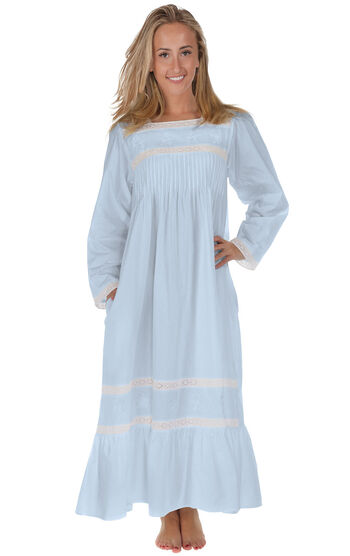 Violet - Long Sleeve Vintage Ladies Cotton Nightgown - Blue