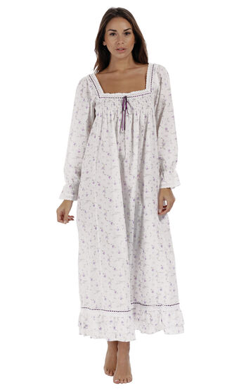 Martha - Victorian Long Sleeve Cotton Nightgown - Lilac Rose