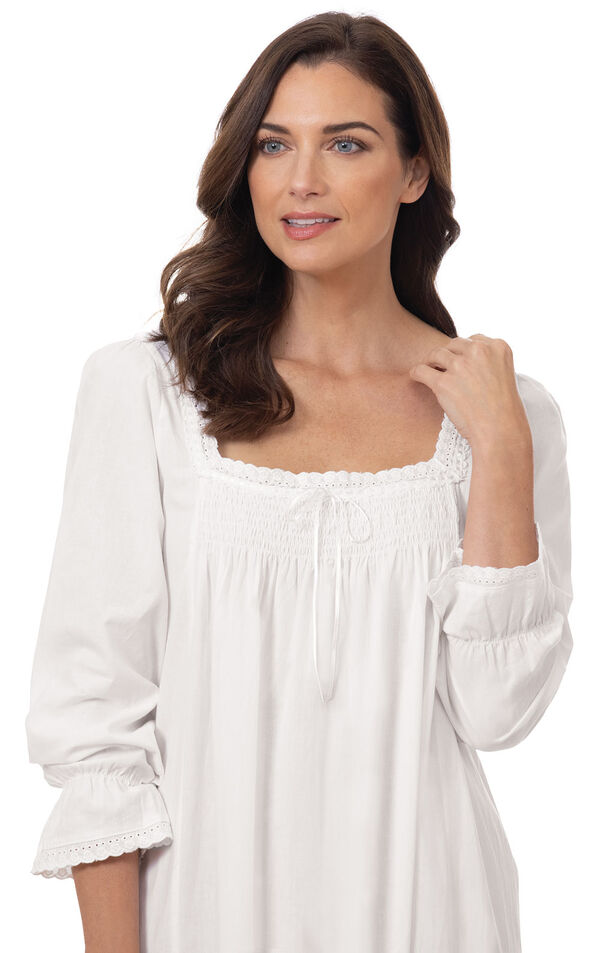 Close up of Model wearing Martha Nightgown in White for Women