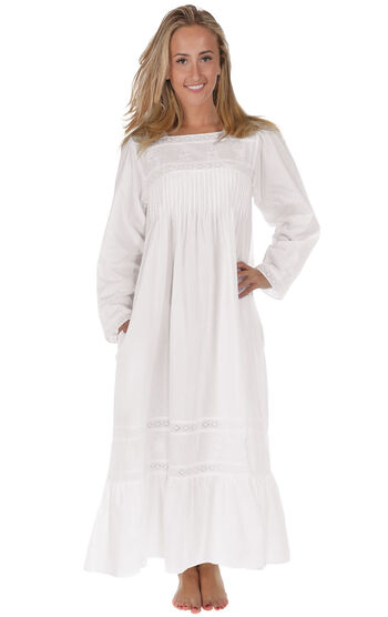 Violet - Long Sleeve Vintage Ladies Cotton Nightgown - White