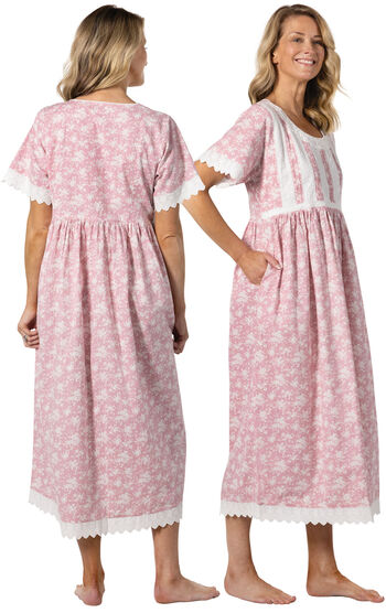 Helena - Vintage Short Sleeve Cotton Ladies Nightgown - Pink Floral