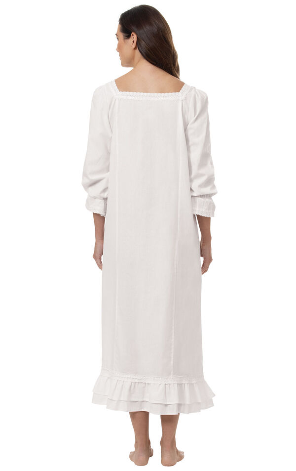 Model wearing Martha Nightgown in White for Women, facing away from the camera