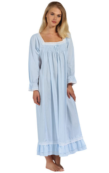 Martha - Victorian Long Sleeve Cotton Nightgown - Blue
