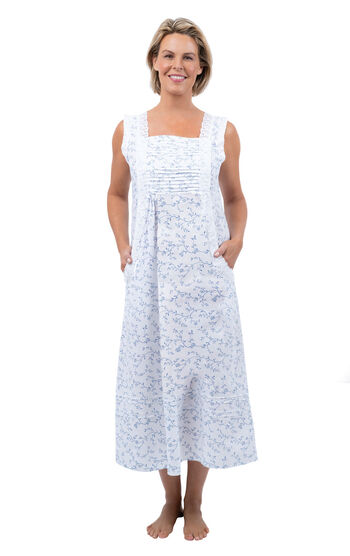 Rebecca - Sleeveless Victorian Womens Nightgown - Blue Floral