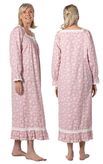 Martha - Victorian Long Sleeve Cotton Nightgown - Pink Floral