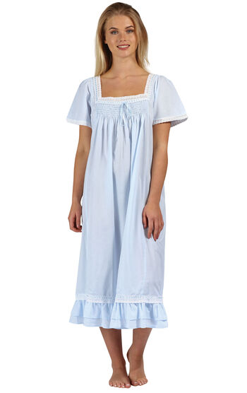 Evelyn - Vintage-Inspired Short Sleeve Cotton Nightgown - Blue