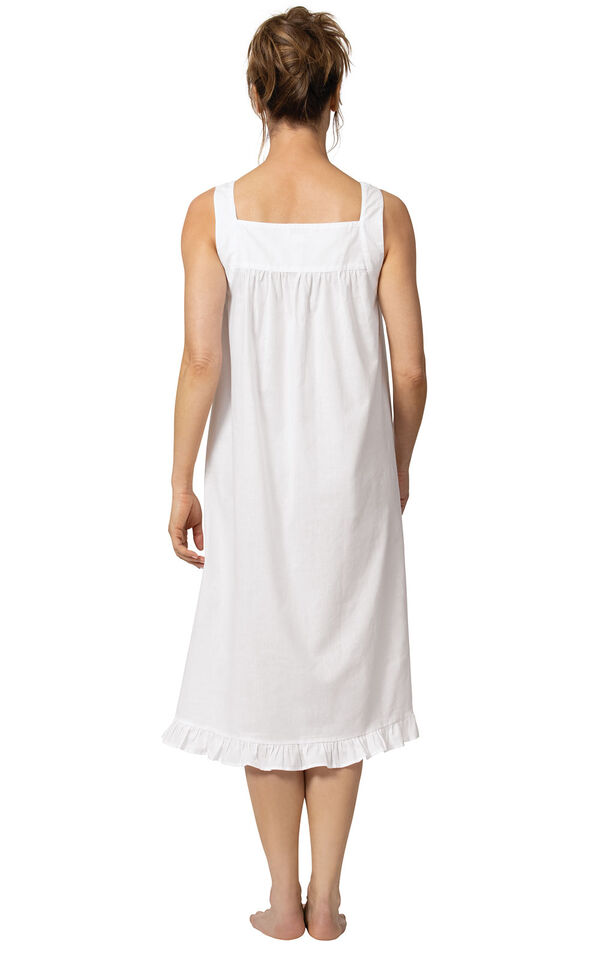 Model wearing Nancy Nightgown in White for Women, facing away from the camera