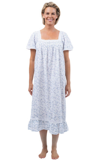 Evelyn - Vintage-Inspired Short Sleeve Cotton Nightgown - Blue Floral