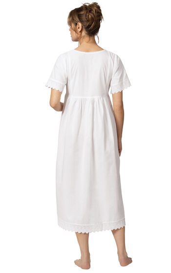 Model wearing Helena Nightgown in White for Women, facing away from the camera