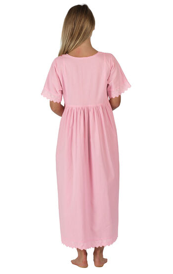 Model wearing Helena Nightgown in Pink for Women, facing away from the camera