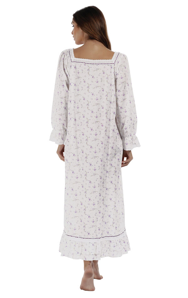 Model wearing Martha Nightgown in Lilac Rose for Women, facing away from the camera