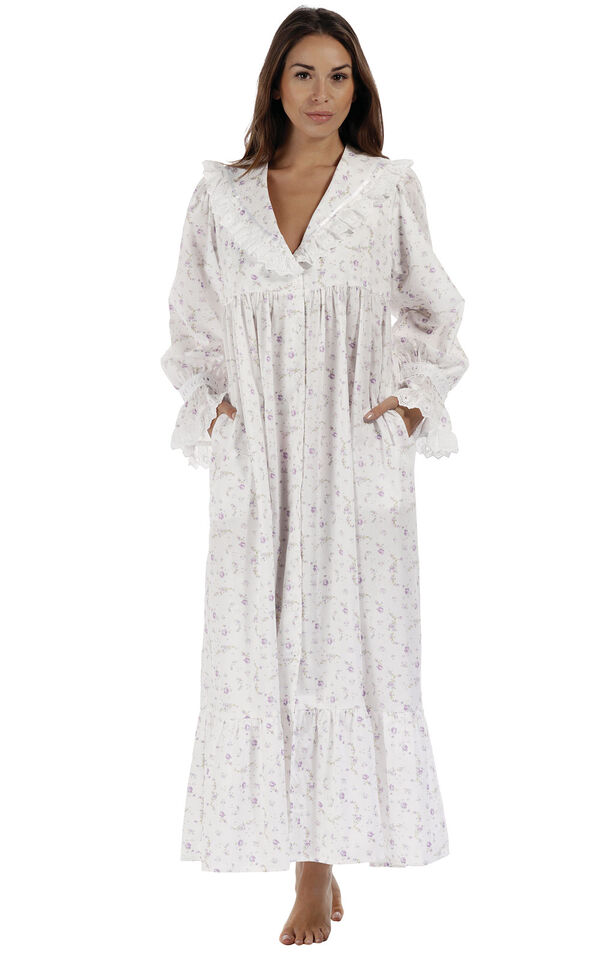 Model wearing Amelia Nightgown - Lilac Rose